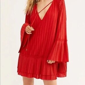 Free People Mini Dress Womens S Boho Red Tiered‎ Ruffle Long Sleeve Western